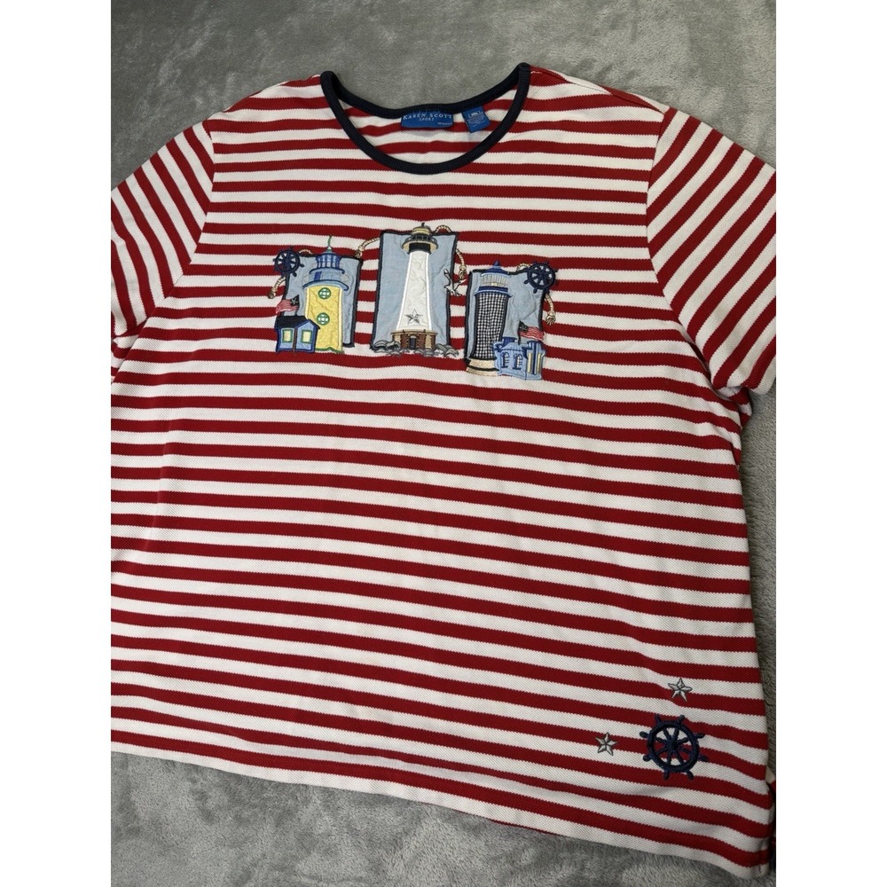 Red, White and Blue Patriotic Karen Scott Lighthouses Women's Shirt 1X Nautical